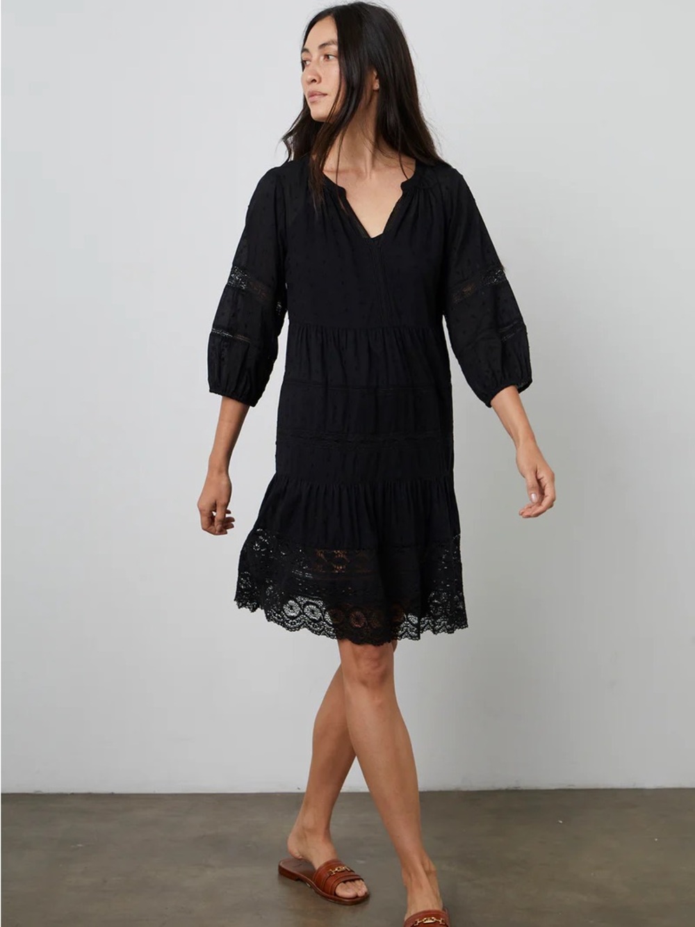 Velvet by Graham & Spencer Black Lace Tiered V-Neck Sun Dress